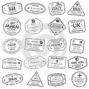 Passport stamp set. Visa stamps for travel. International airport grunge sign. Immigration, arrival and departure symbols